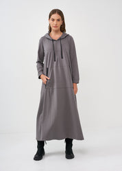 Long sleeve dress with hood and kangaroo pocket, dark gray