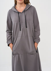 Long sleeve dress with hood and kangaroo pocket, dark gray