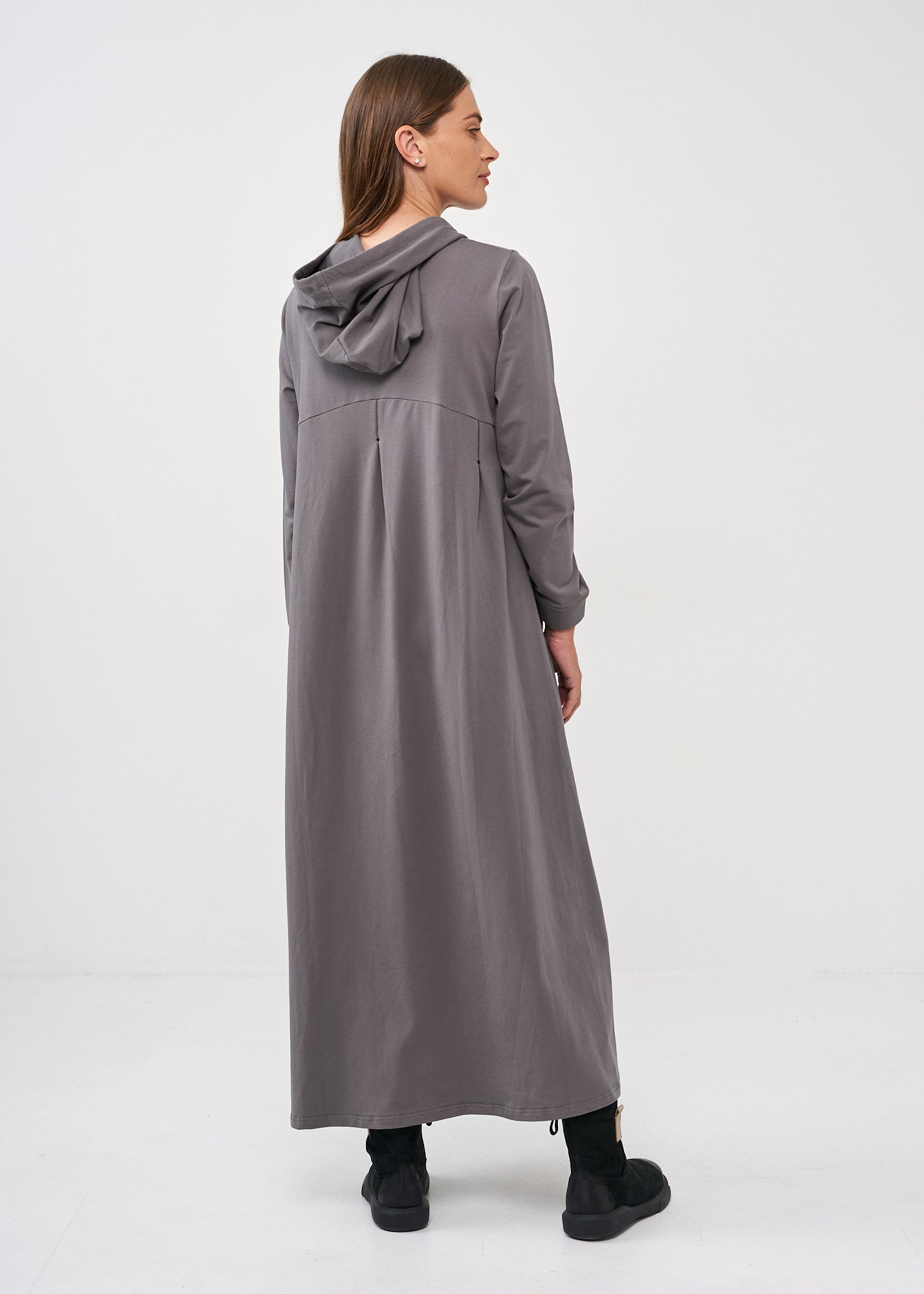 Long sleeve dress with hood and kangaroo pocket, dark gray