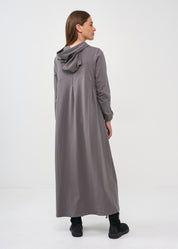 Long sleeve dress with hood and kangaroo pocket, dark gray