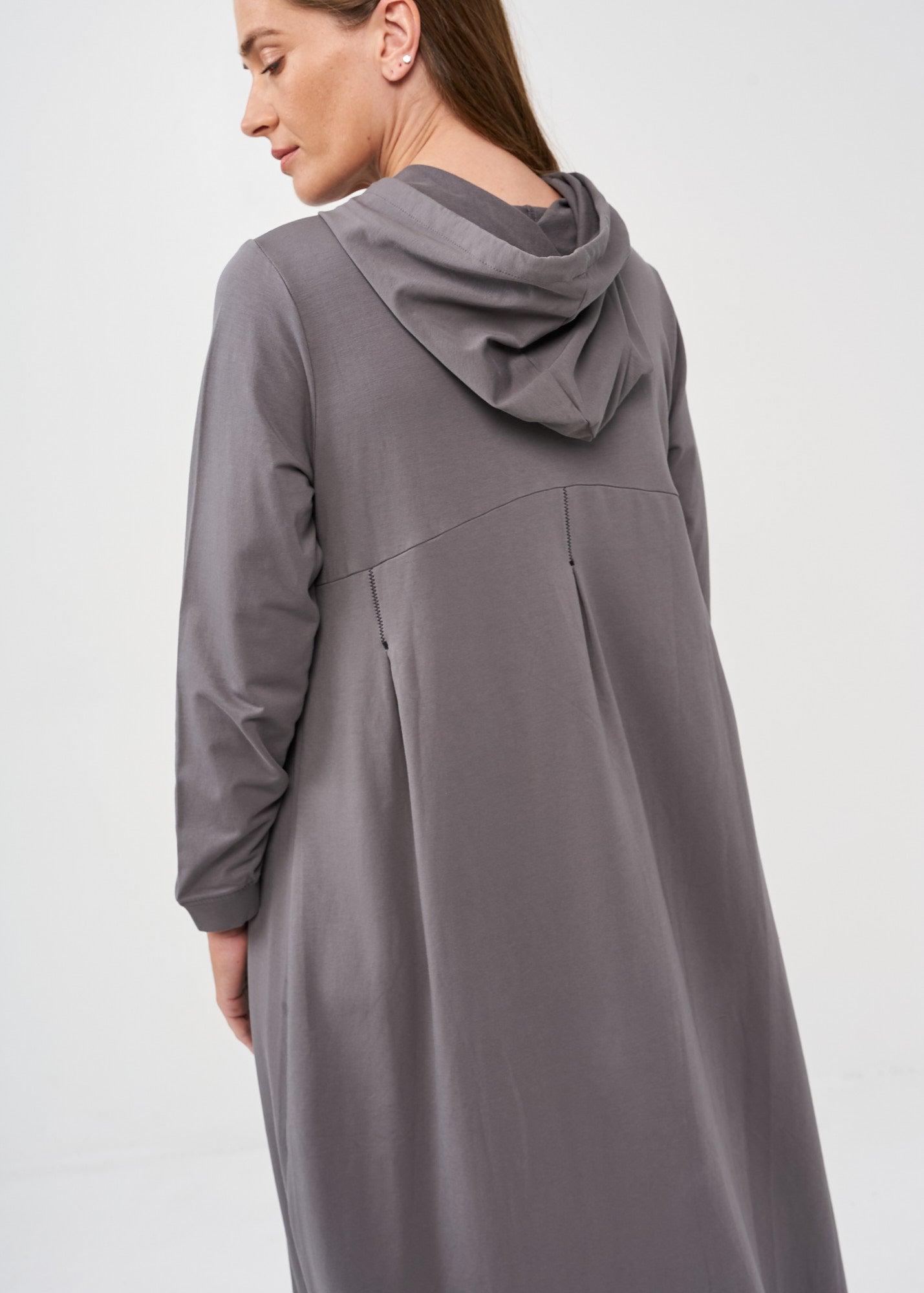 Long sleeve dress with hood and kangaroo pocket, dark gray