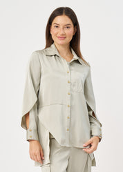 Green satin button-down shirt with open sleeves