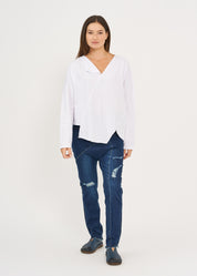 חולצה שרוול ארוך צווארון משולש לבן