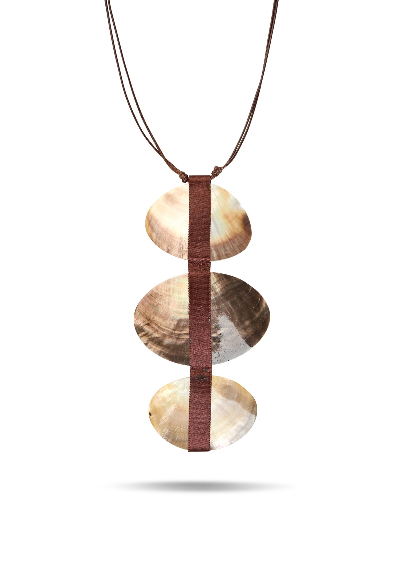 Handmade necklace with 3 shells and a brown ribbon