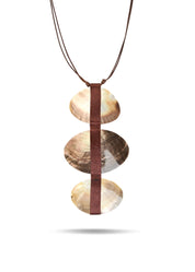 Handmade necklace with 3 shells and a brown ribbon