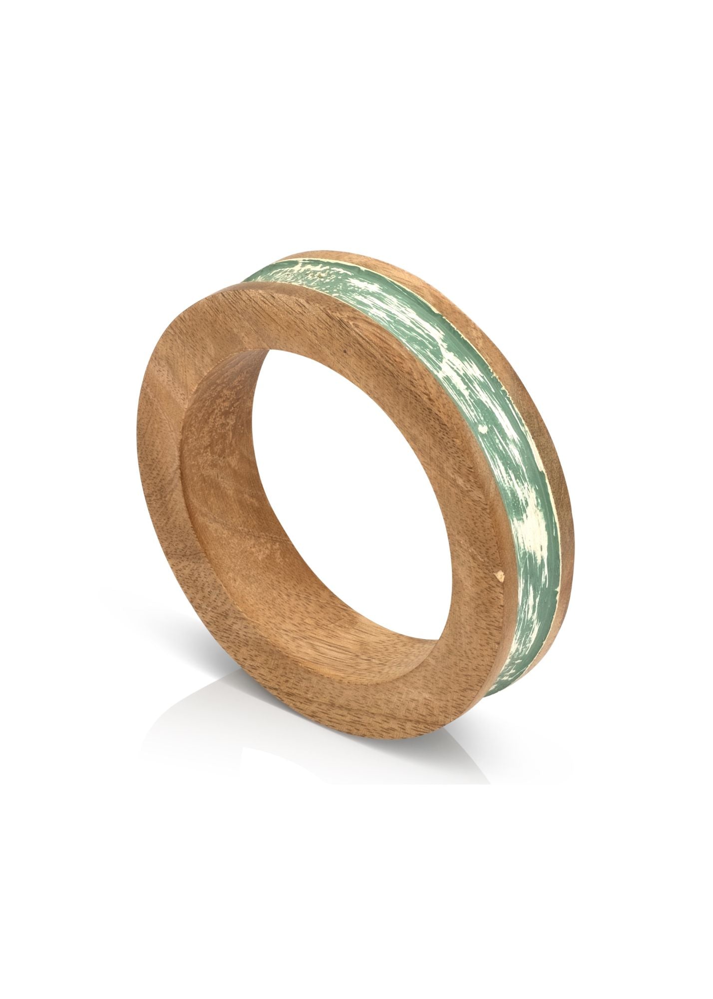 צמיד עץ מנגו עבודת יד פס ווש ירוק