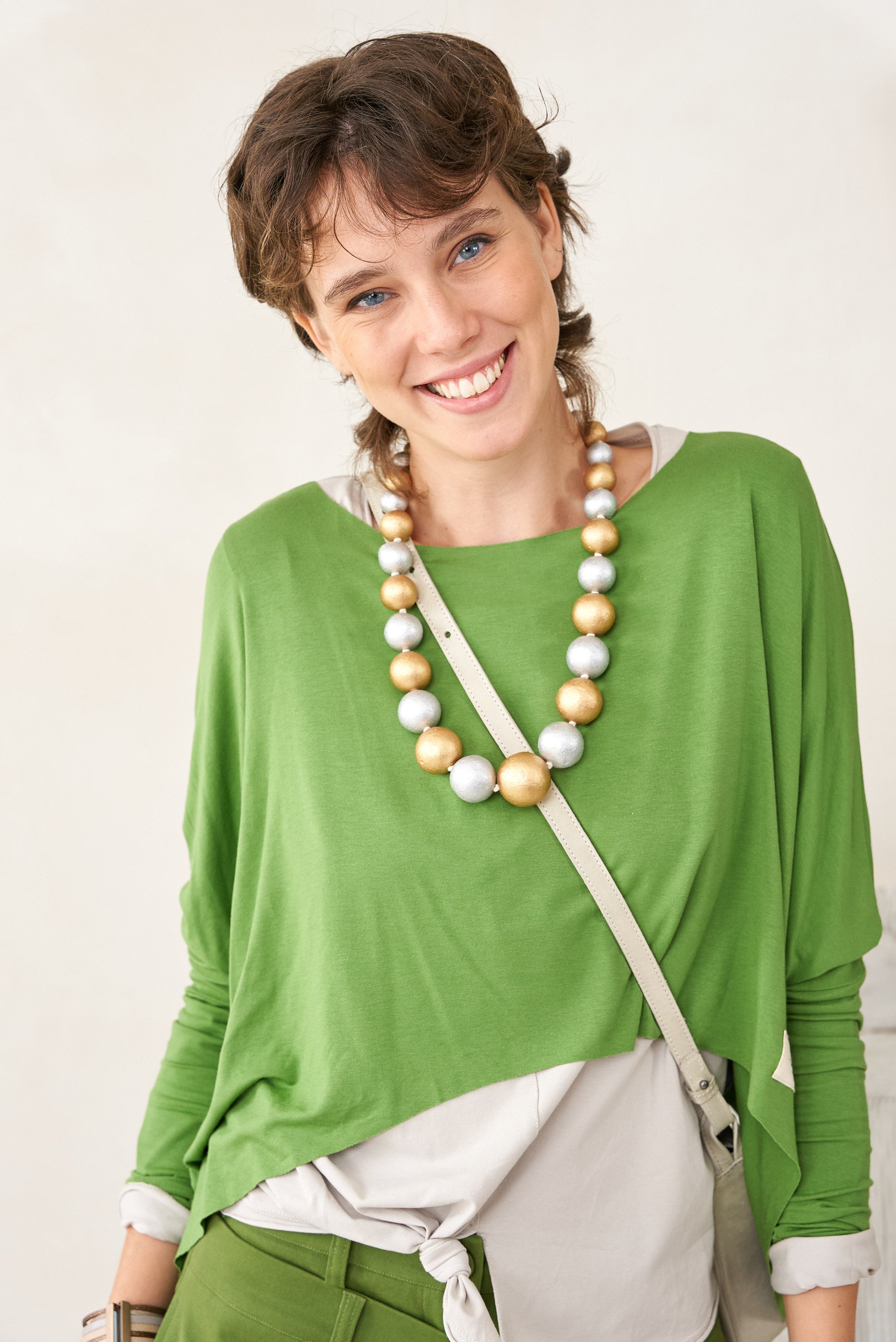 Handmade short wood chip necklace, gold