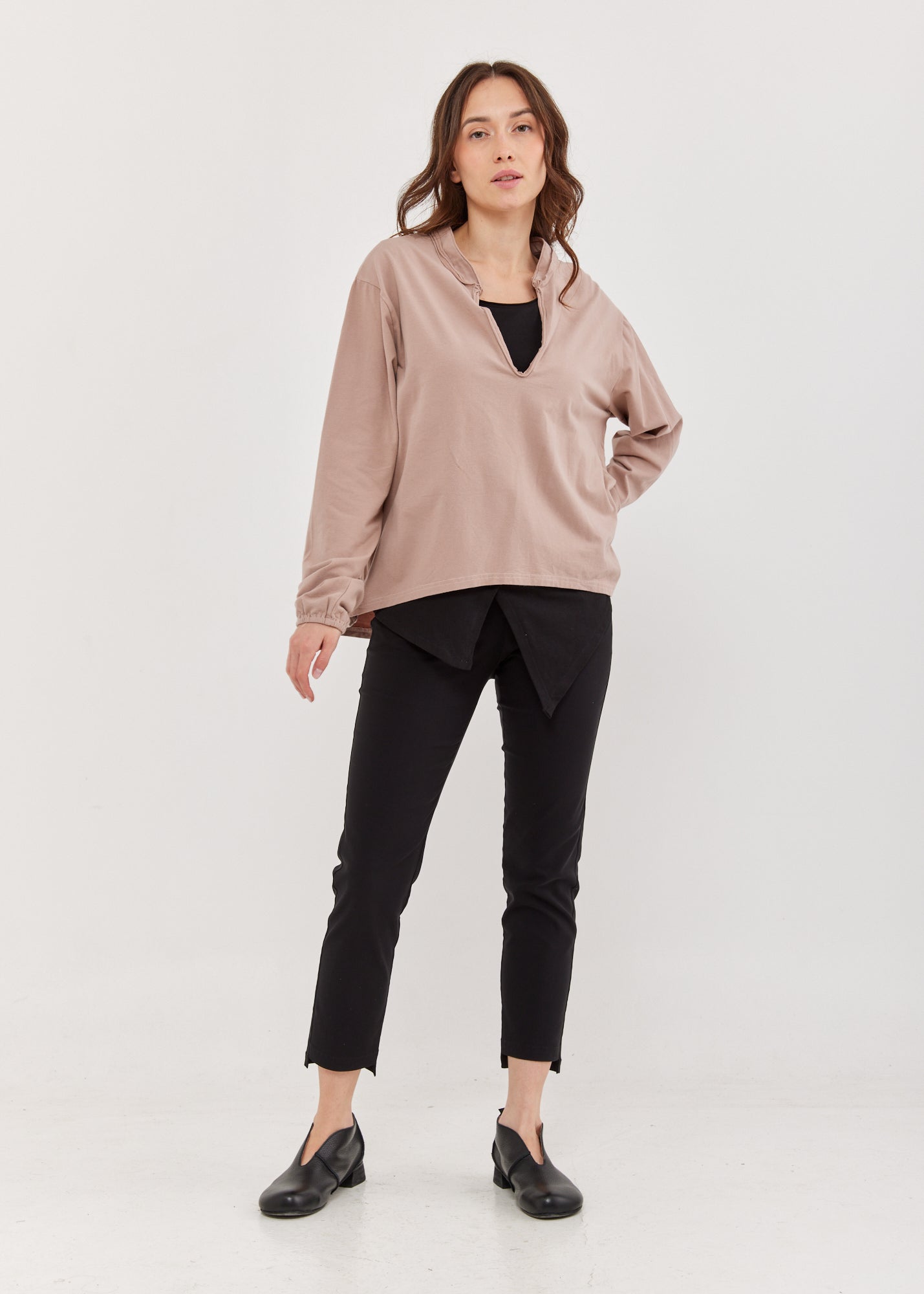 חולצה שרוול ארוך וי וצווארון סיני ורוד ווש