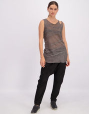 Tank top with X-stitches, fine mesh, gray wash