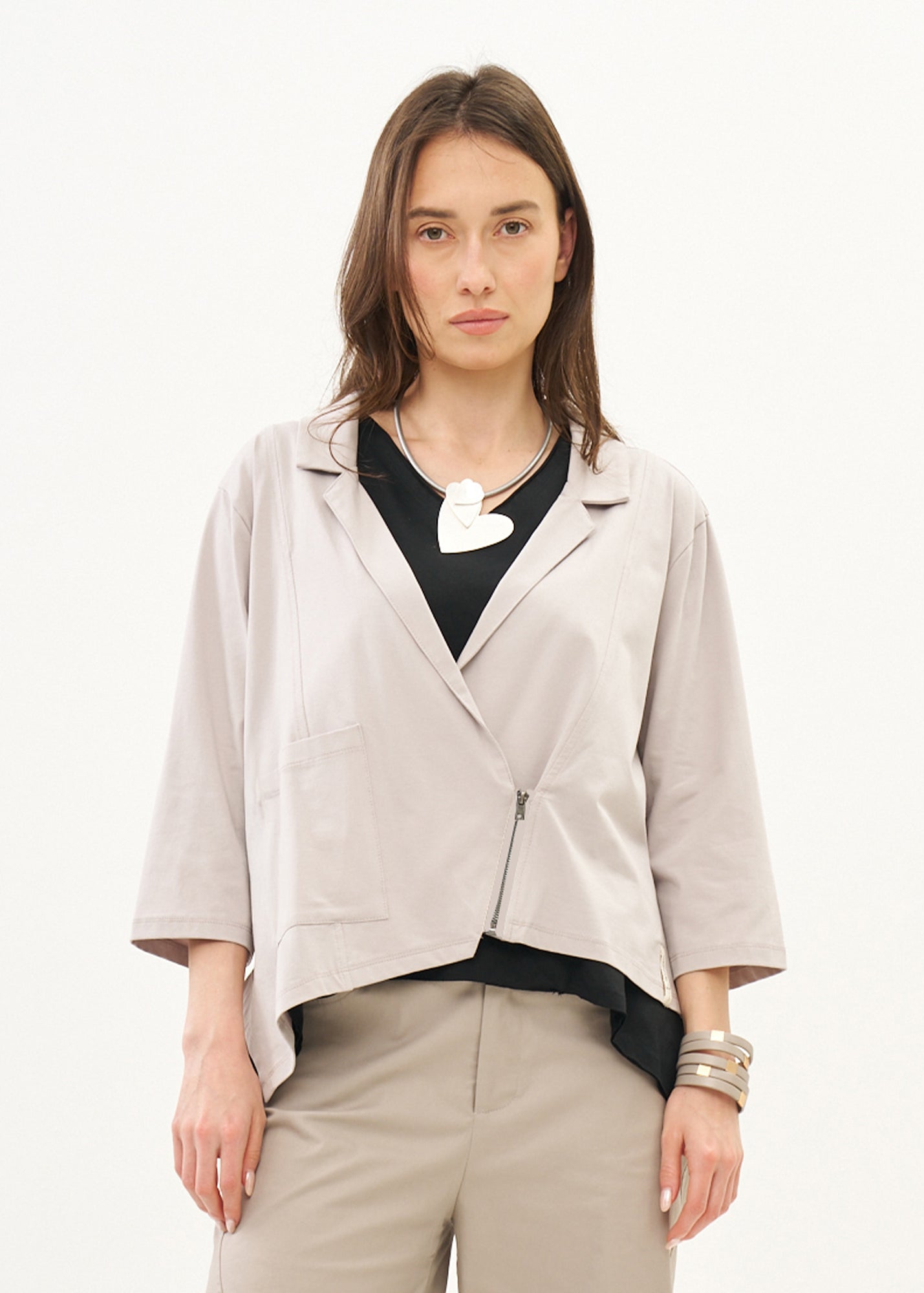 עליונית שרוול 3/4 רוכסן אלכסוני אפור בהיר