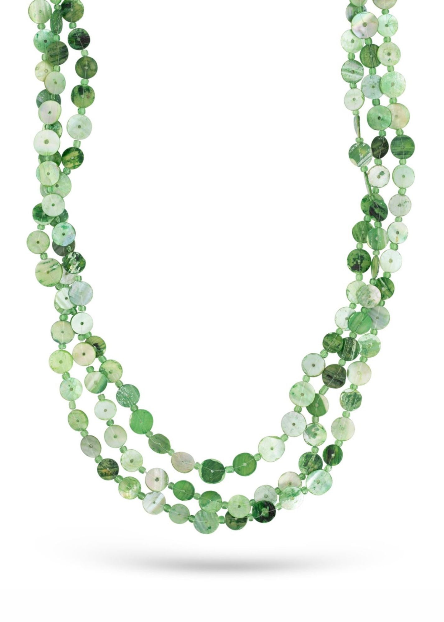 שרשרת עבודת יד שורות צדפים עגולים ירוק כהה