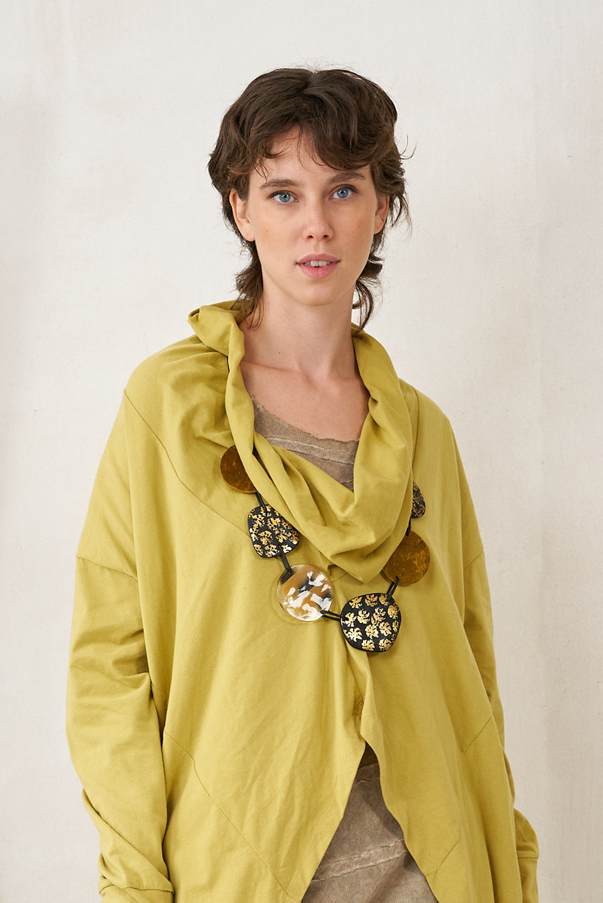 Wood resin texture necklace and gold shell