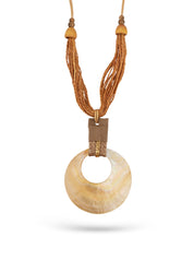 Handmade necklace rows of shell straw combined with mustard leather