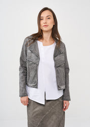 Short jacket with buttons on the back and large pockets on the front, dark gray wash
