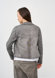 Short jacket with buttons on the back and large pockets on the front, dark gray wash