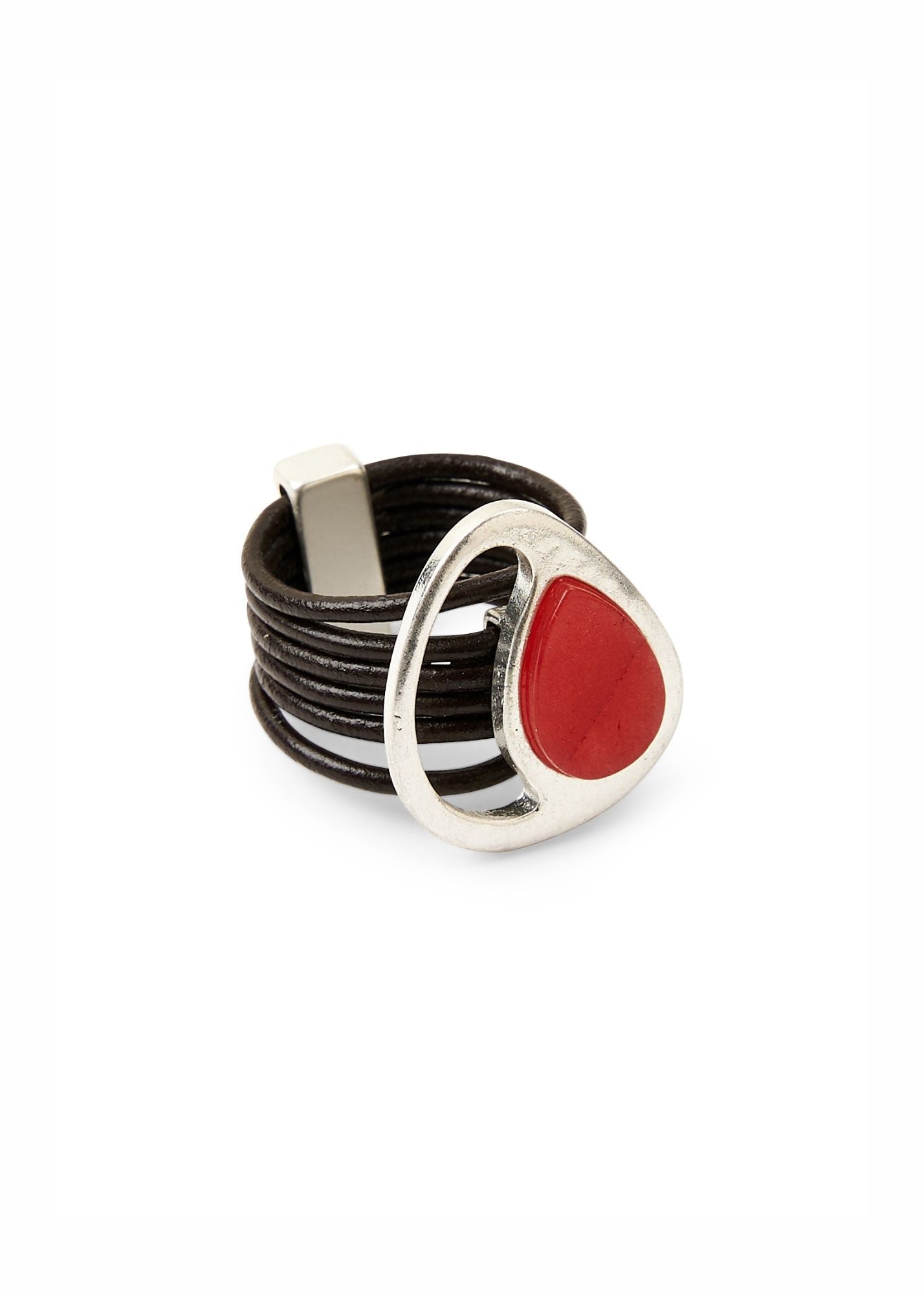 Leather strap ring and red drop stone