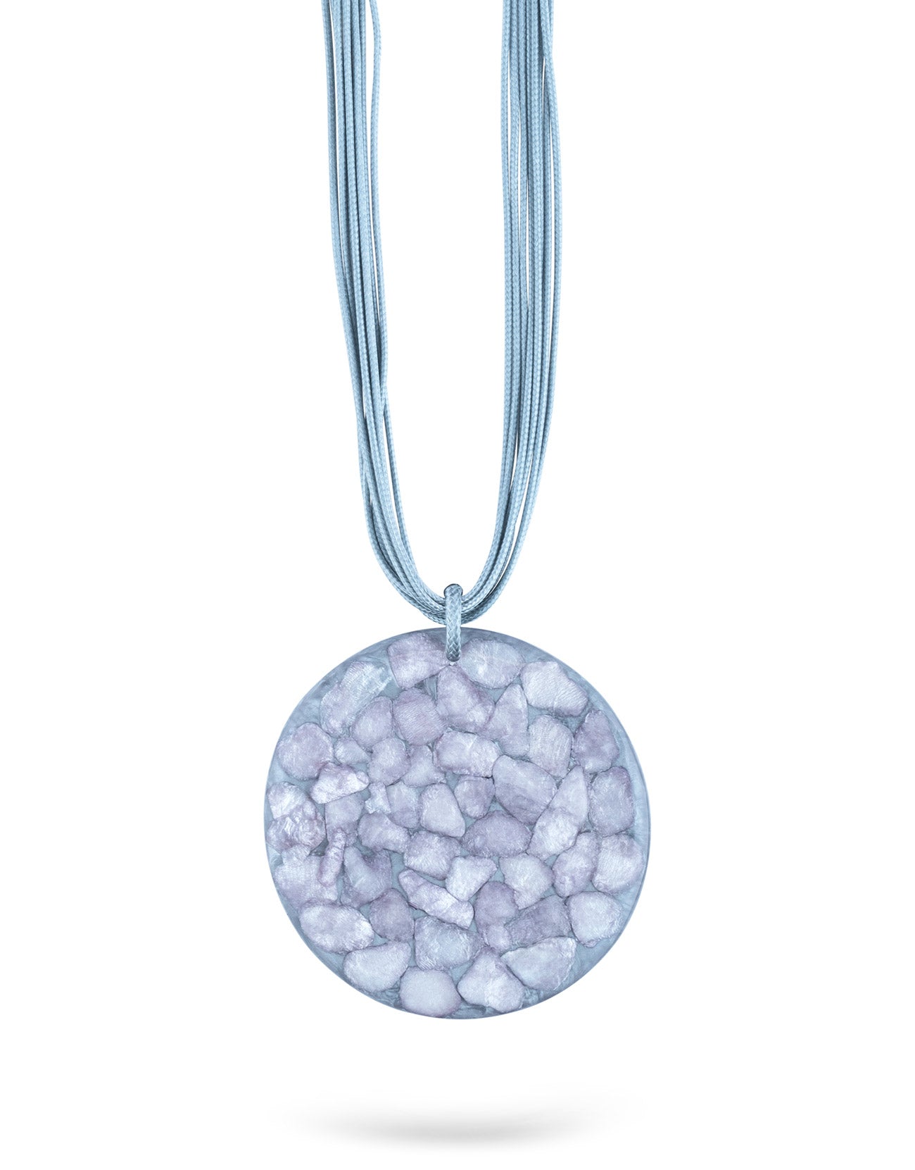 Handmade necklace with threads and a large silver resin circle