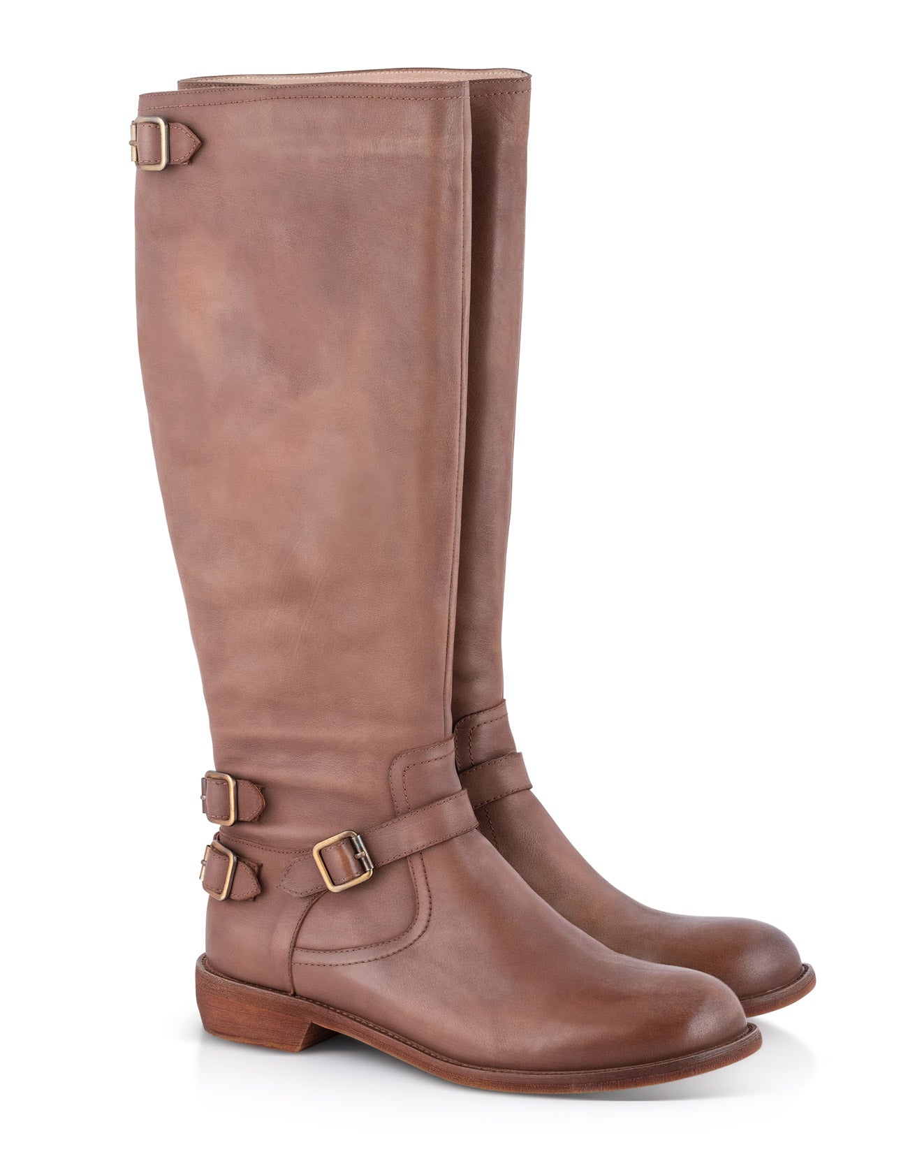 High leather boots with brown buckles