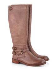 High leather boots with brown buckles