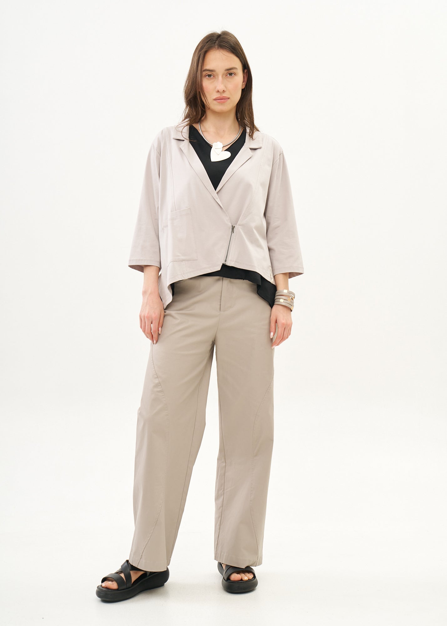 עליונית שרוול 3/4 רוכסן אלכסוני אפור בהיר