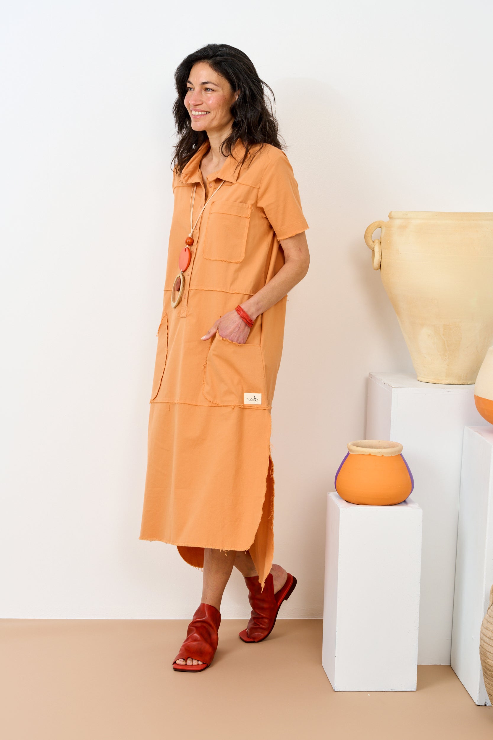 Orange high-top leather flip-flops