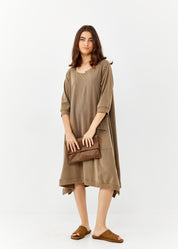 Brown asymmetric pocket rib combination dress