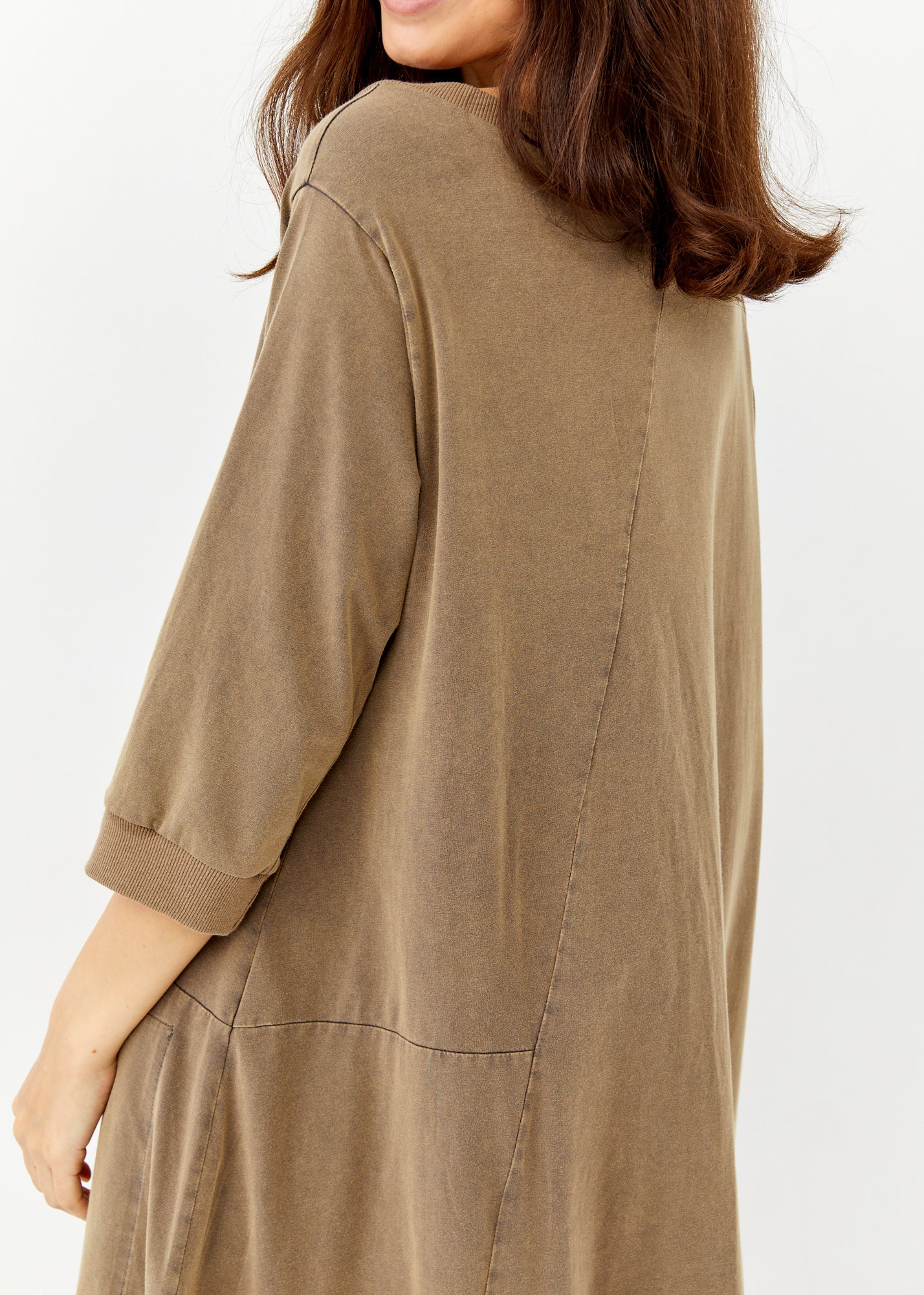 Brown asymmetric pocket rib combination dress