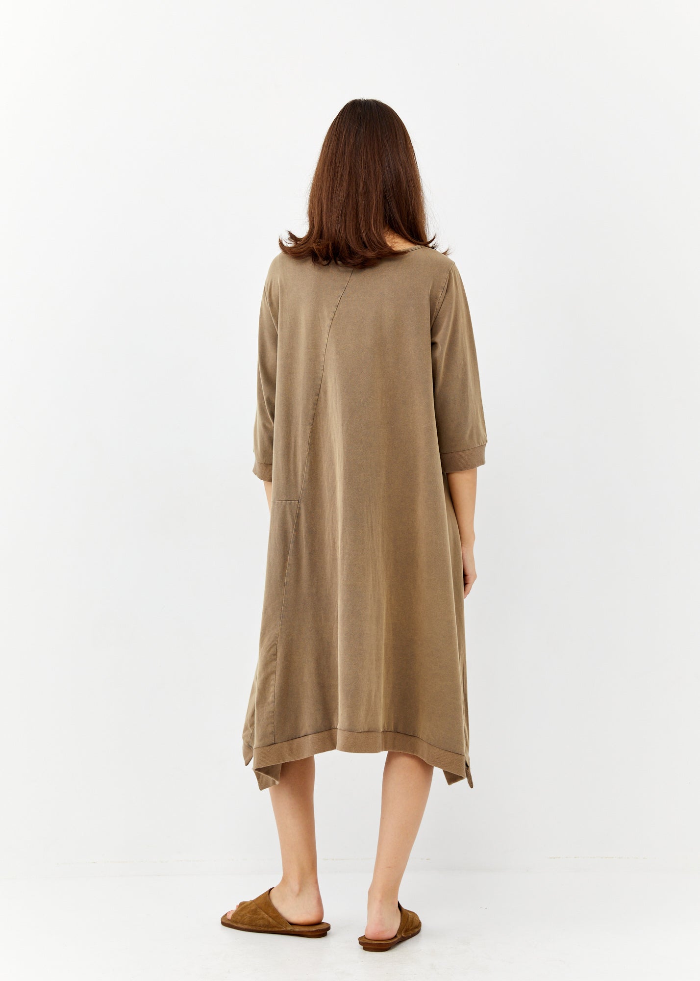 Brown asymmetric pocket rib combination dress