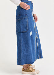 Dark Blue Wash Cargo Pocket Maxi Denim Skirt