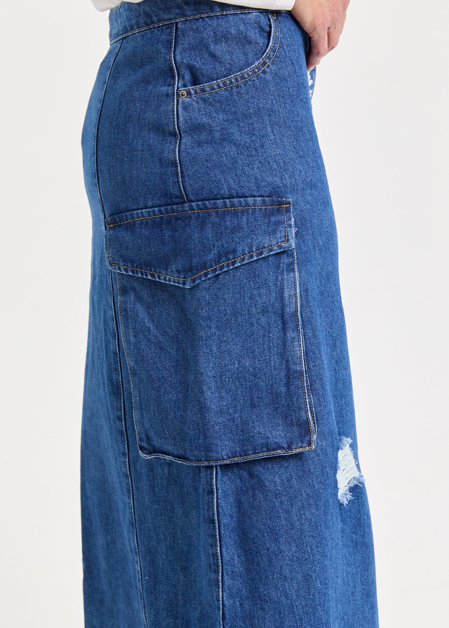 Dark Blue Wash Cargo Pocket Maxi Denim Skirt