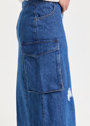 Dark Blue Wash Cargo Pocket Maxi Denim Skirt