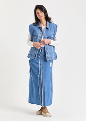 Blue wash cargo pocket maxi denim skirt