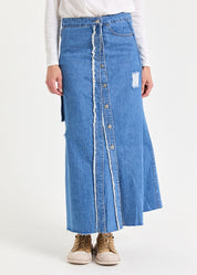 Blue wash cargo pocket maxi denim skirt