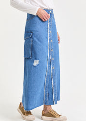 Blue wash cargo pocket maxi denim skirt