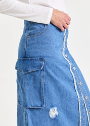 Blue wash cargo pocket maxi denim skirt