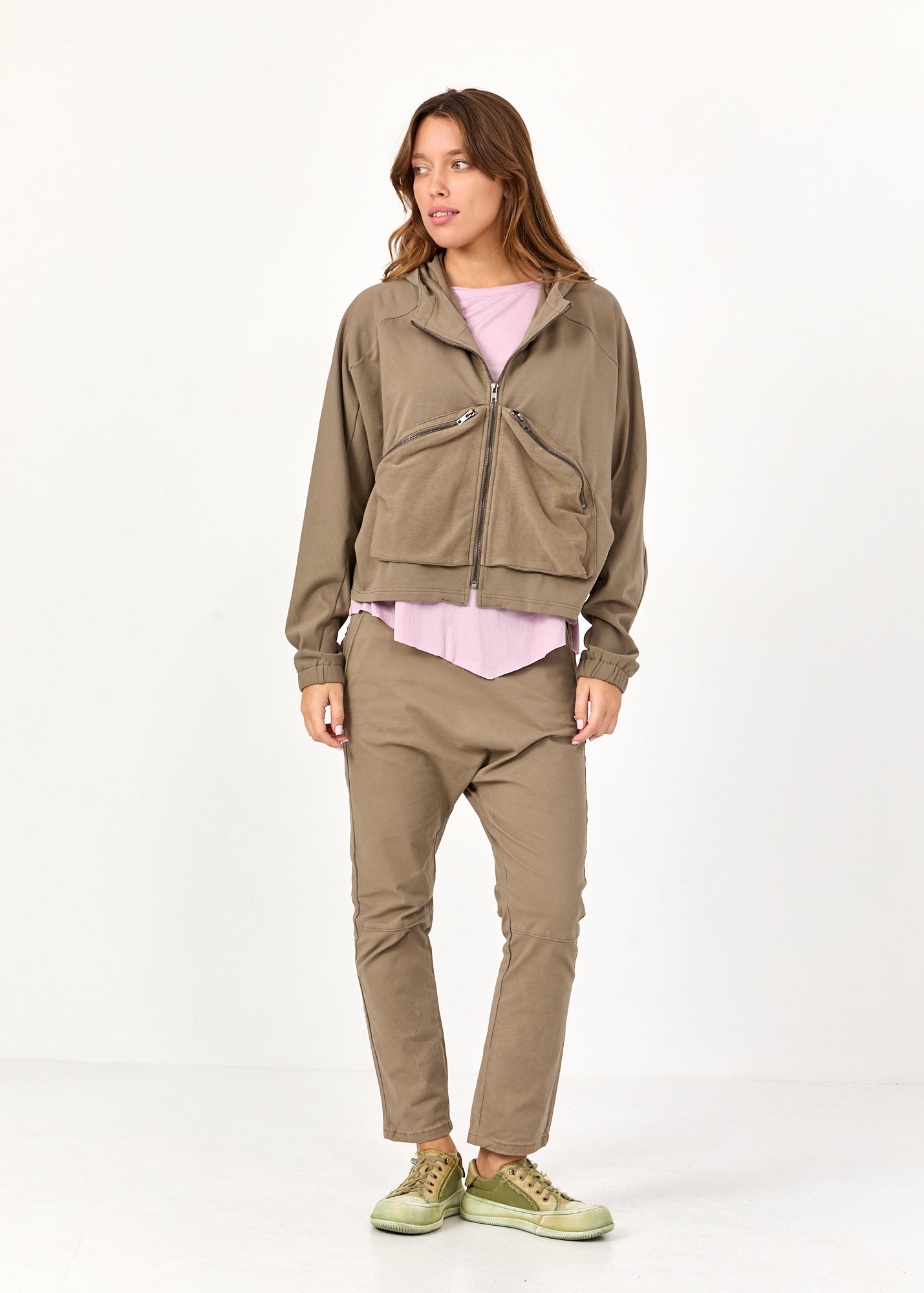 סווטשירט עטלף עם רוכסנים חום