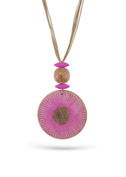 Mango wood necklace with fuchsia pink painted stripes texture