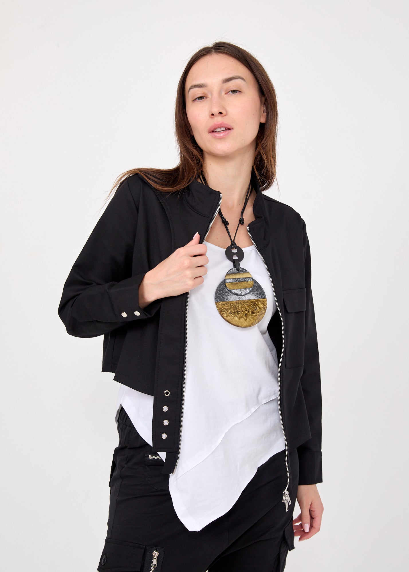 ג'קט אסימטרי רוכסן ארוך שחור