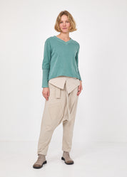 חולצה צווארון וי שילוב ריב ירוק כהה ווש