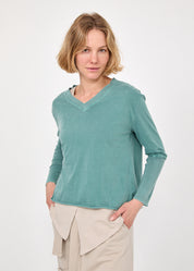 חולצה צווארון וי שילוב ריב ירוק כהה ווש