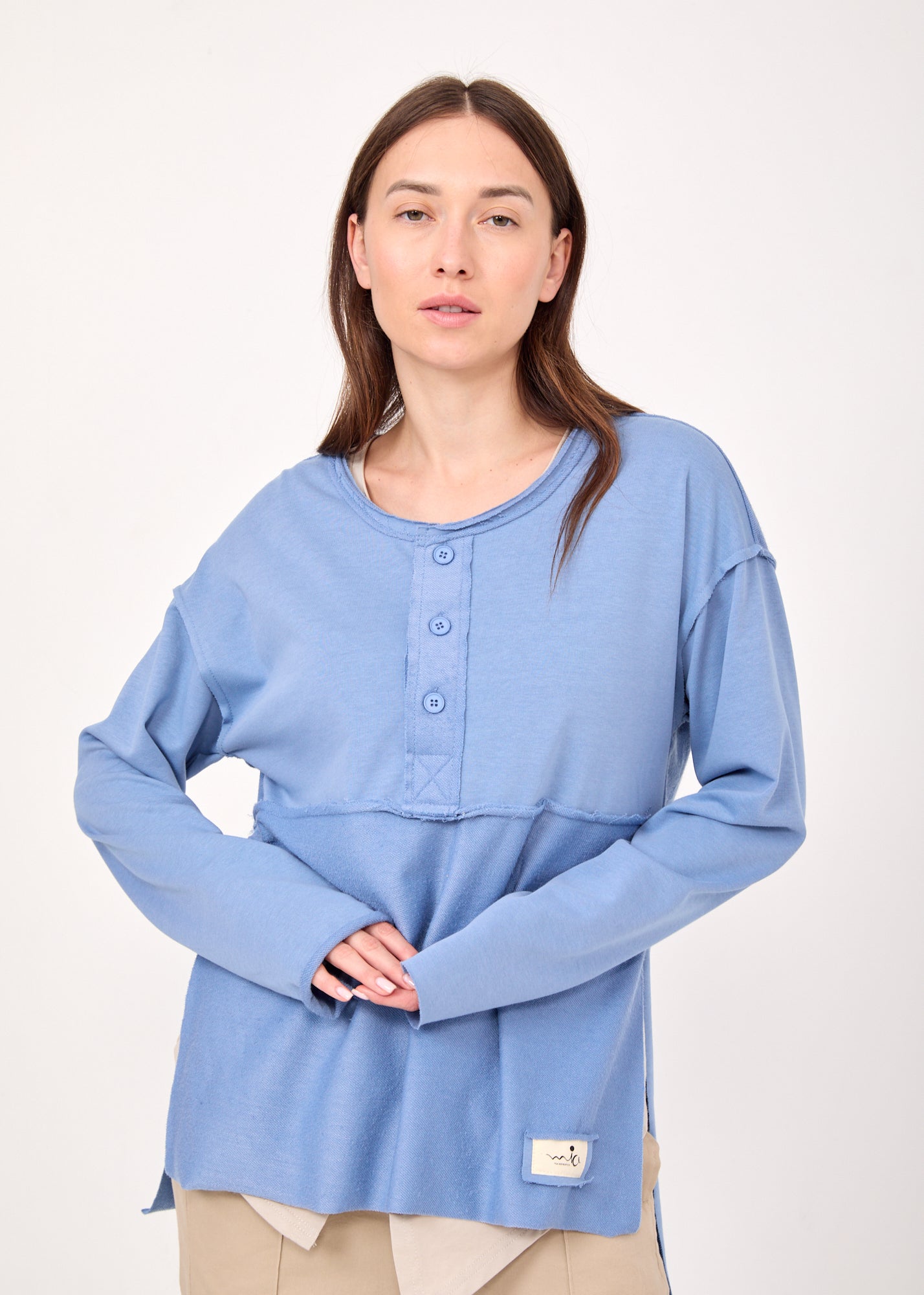 סווטשירט חצי כפתרה שילוב הפוך כחול