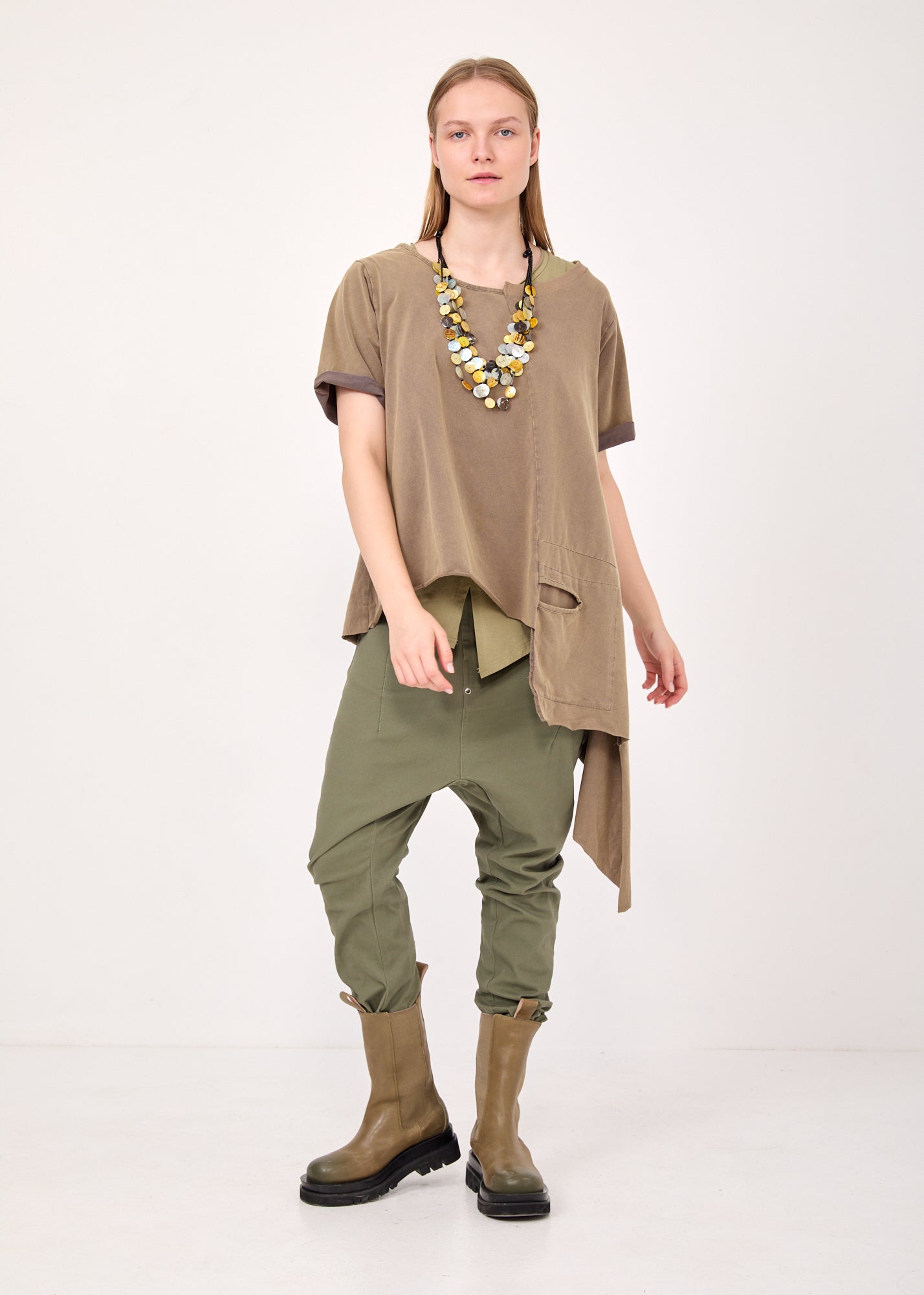 טוניקה שילוב ריב כיס אסימטרי חום