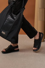 Black top stripe flat leather comfort sandals