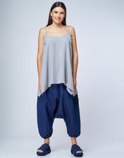 Spaghetti spilled fabric tank top with side seams and light gray white stitching