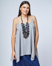 Spaghetti spilled fabric tank top with side seams and light gray white stitching