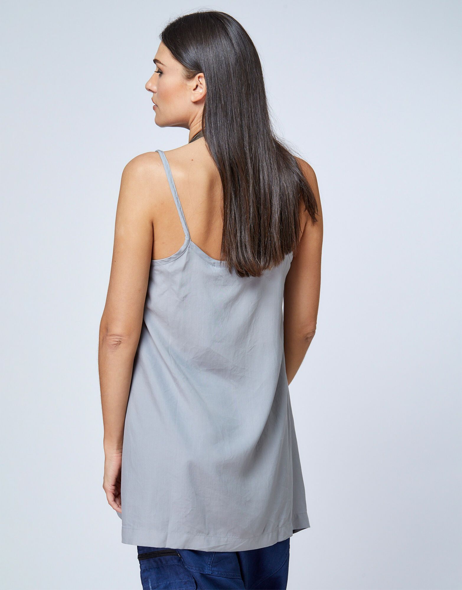Spaghetti spilled fabric tank top with side seams and light gray white stitching