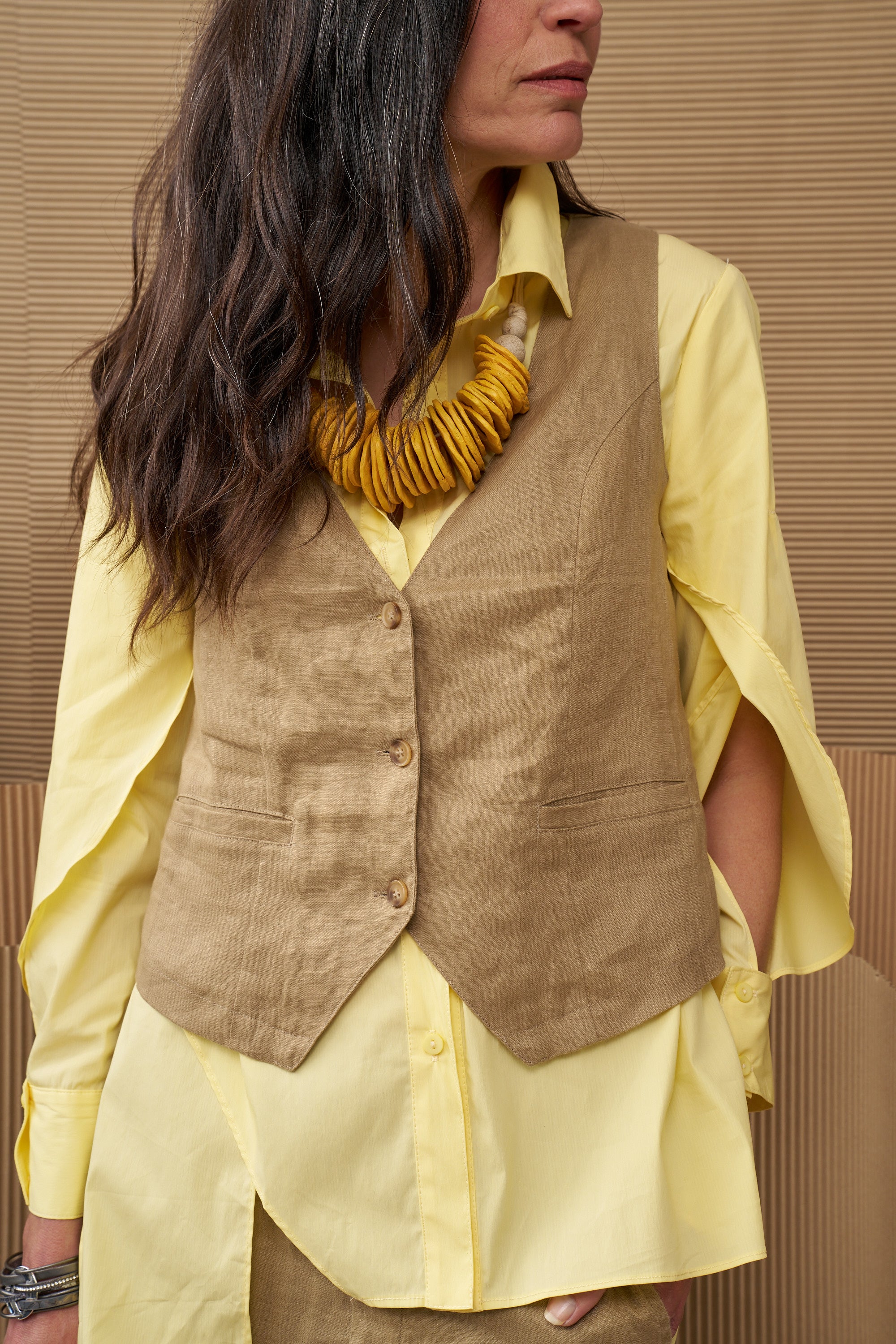 Yellow paper mache flat disc necklace