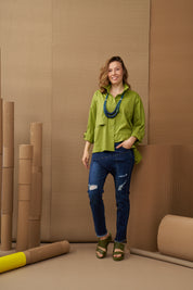 Green leather platform heel shoes with buckle and knot