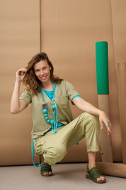 A necklace of wooden beads, a combination of turquoise colors