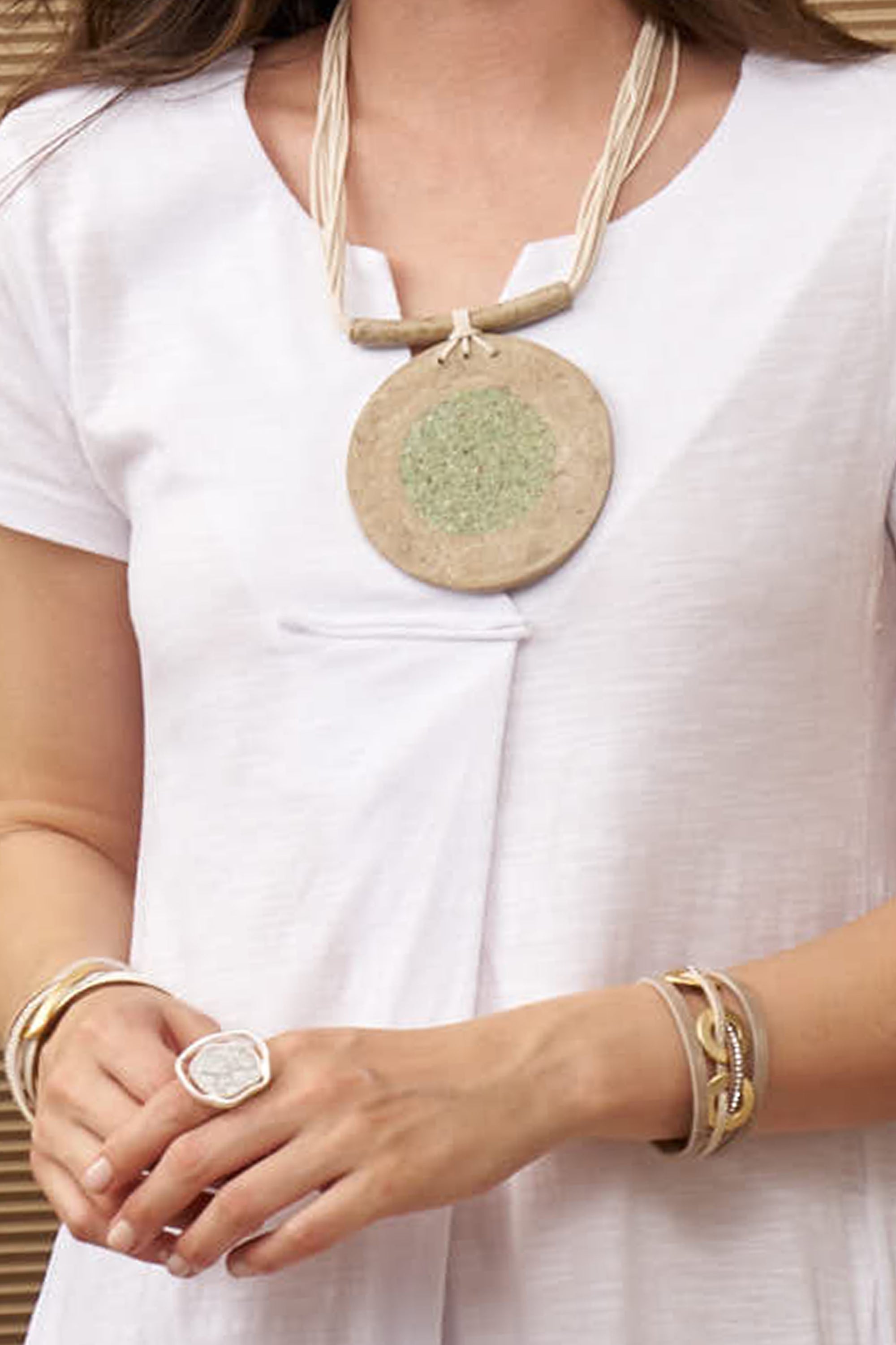 Large round green paper mache pendant necklace